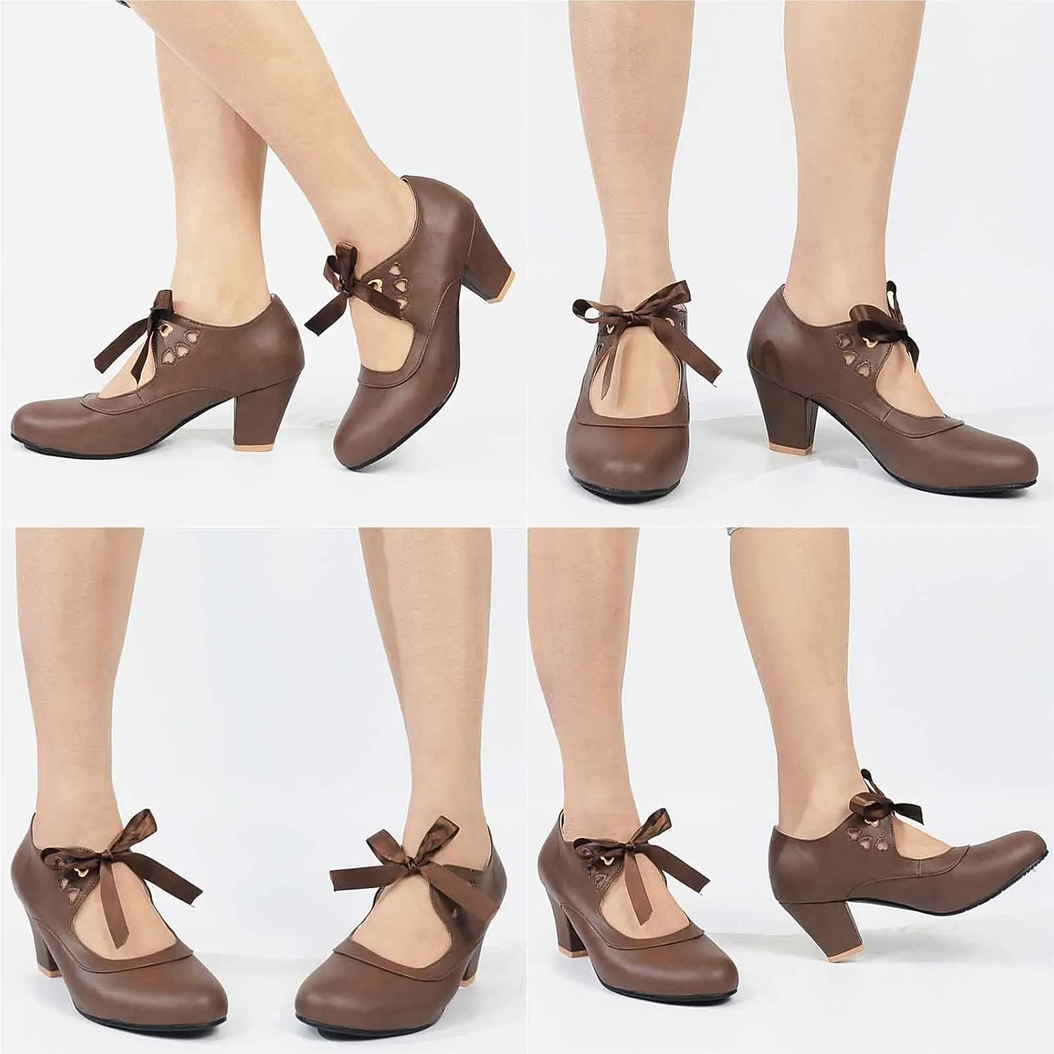 Women's Mary Jane Pumps Chunky Block Shoes Heart Hollow Adorable Vintage Shoes Unique Round Toe Lace Up