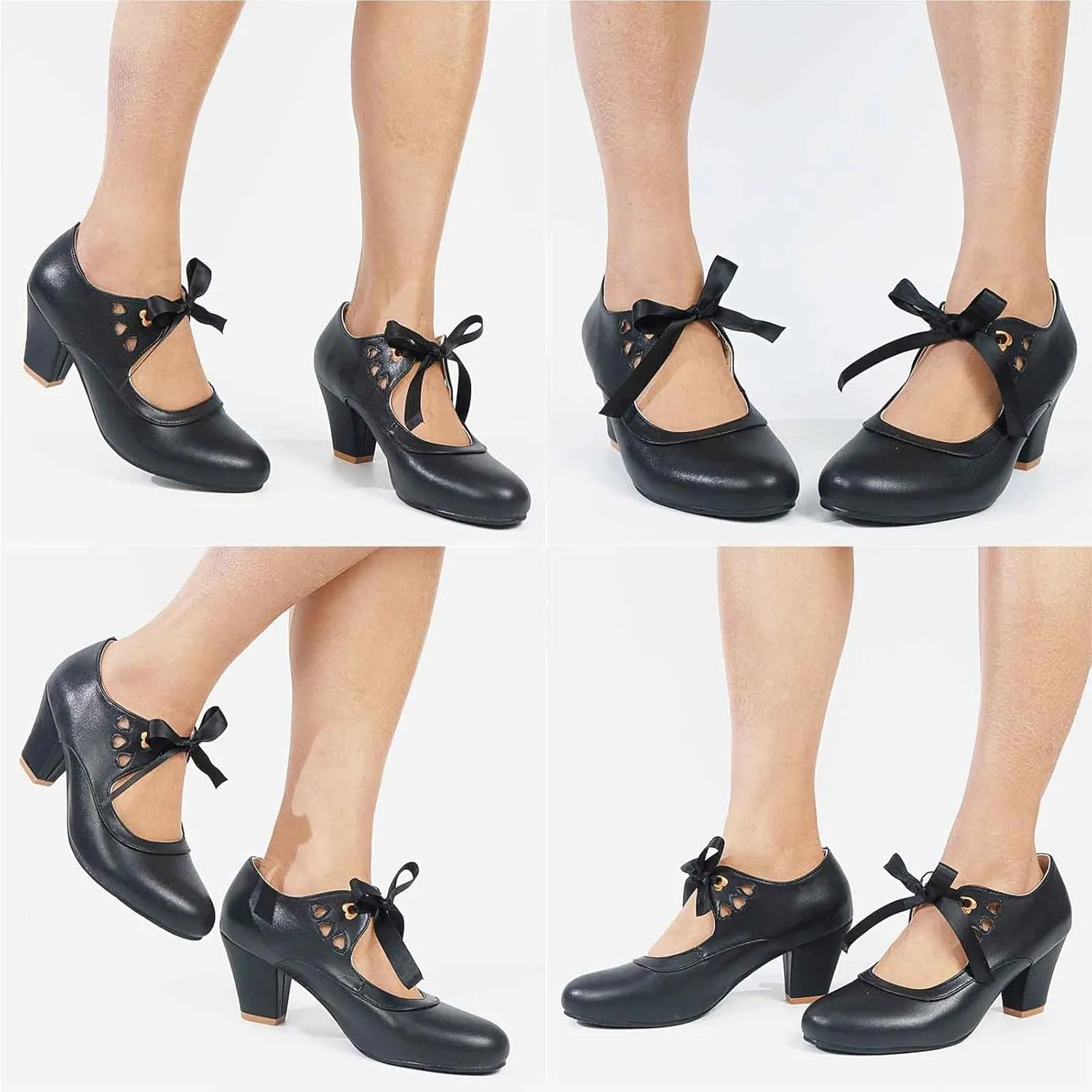 Women's Mary Jane Pumps Chunky Block Shoes Heart Hollow Adorable Vintage Shoes Unique Round Toe Lace Up