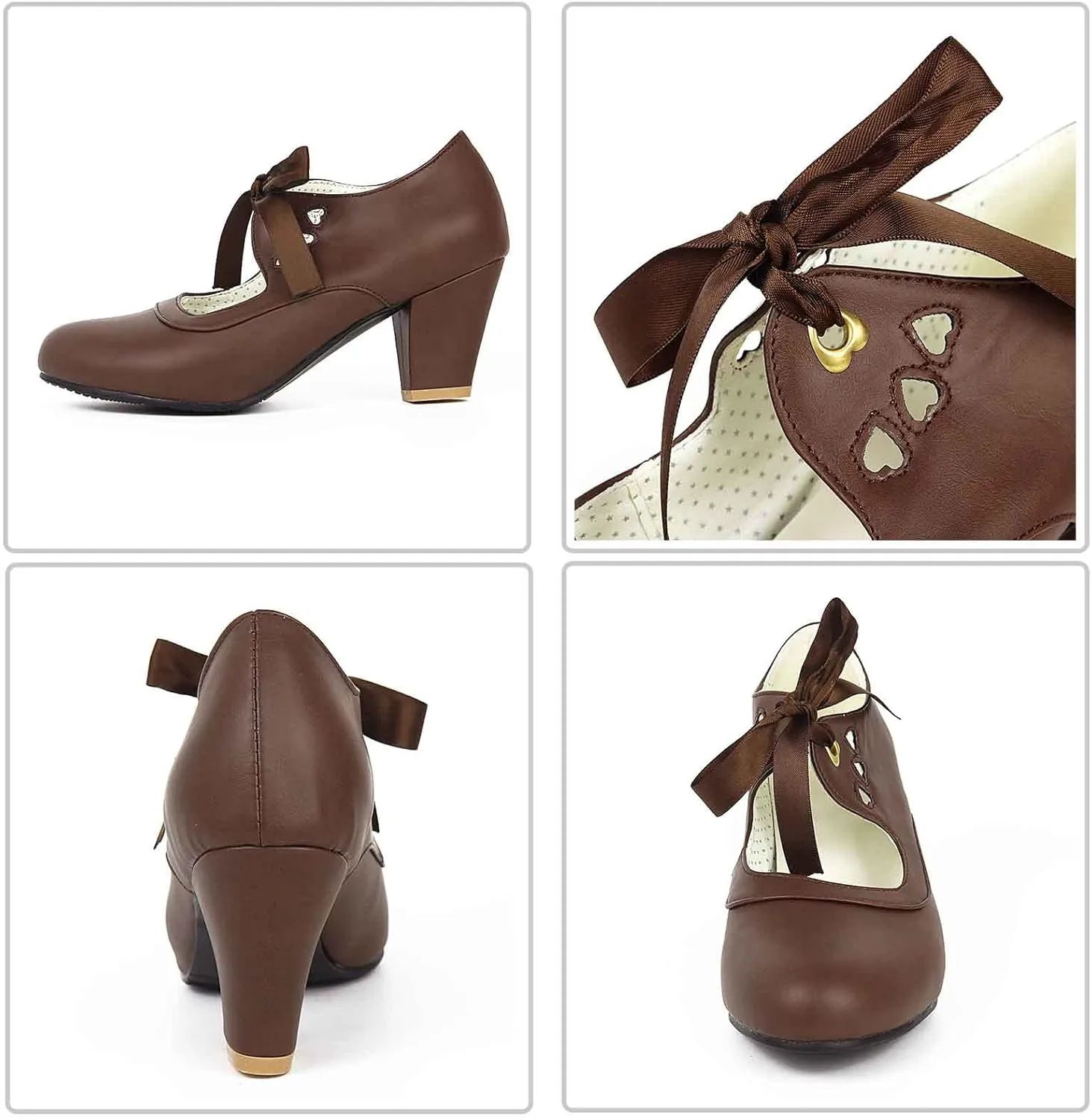 Women's Mary Jane Pumps Chunky Block Shoes Heart Hollow Adorable Vintage Shoes Unique Round Toe Lace Up