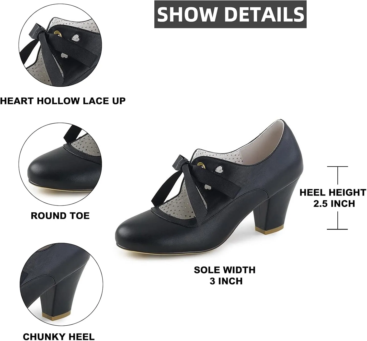 Women's Mary Jane Pumps Chunky Block Shoes Heart Hollow Adorable Vintage Shoes Unique Round Toe Lace Up