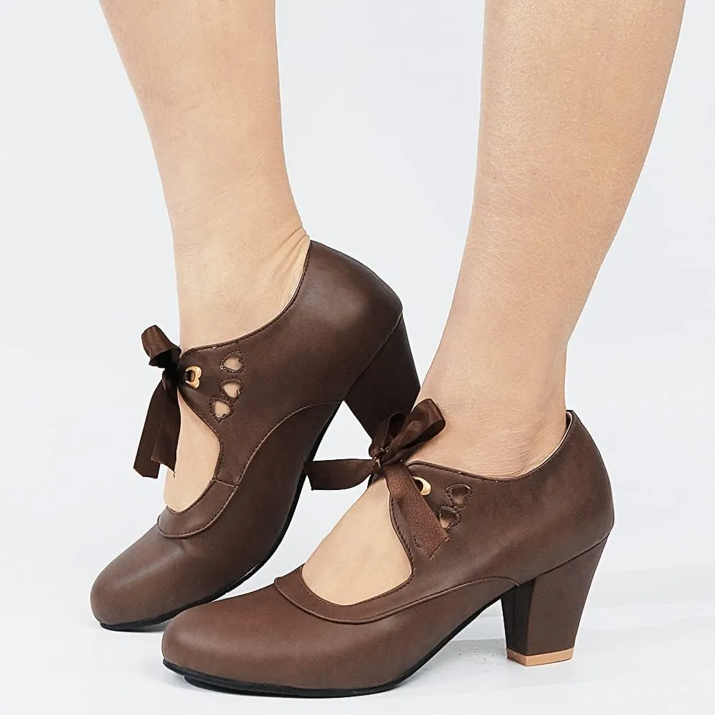 Women's Mary Jane Pumps Chunky Block Shoes Heart Hollow Adorable Vintage Shoes Unique Round Toe Lace Up