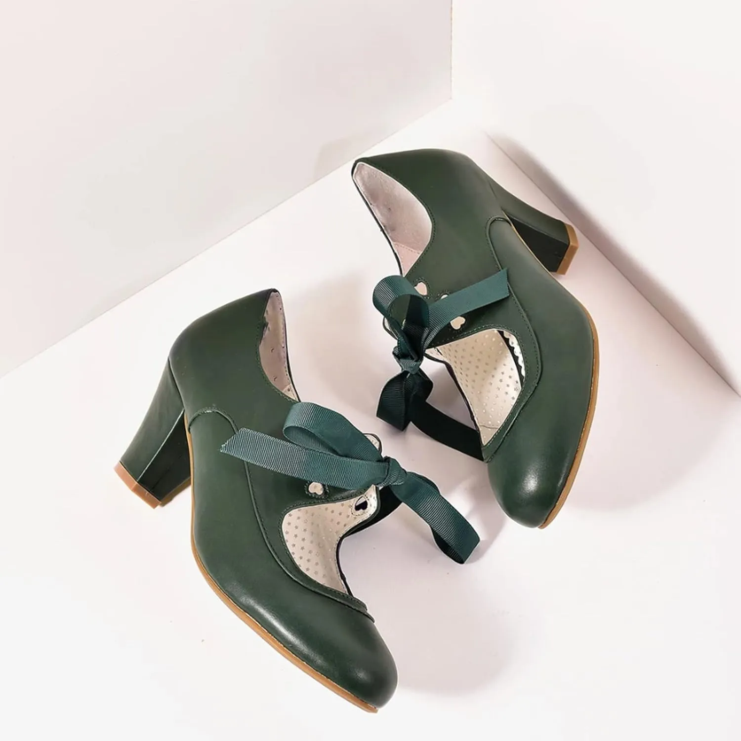 Women's Mary Jane Pumps Chunky Block Shoes Heart Hollow Adorable Vintage Shoes Unique Round Toe Lace Up