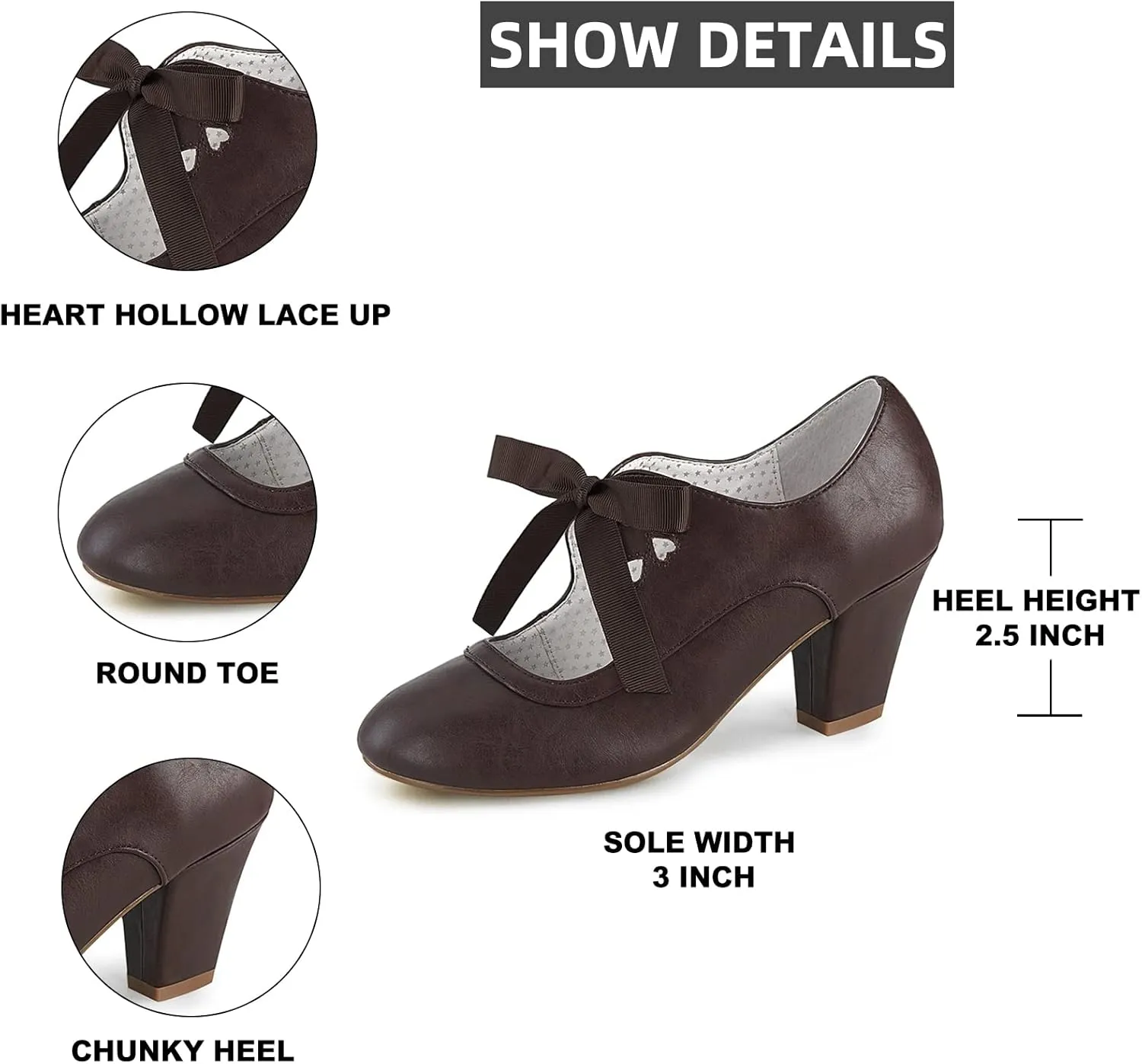 Women's Mary Jane Pumps Chunky Block Shoes Heart Hollow Adorable Vintage Shoes Unique Round Toe Lace Up