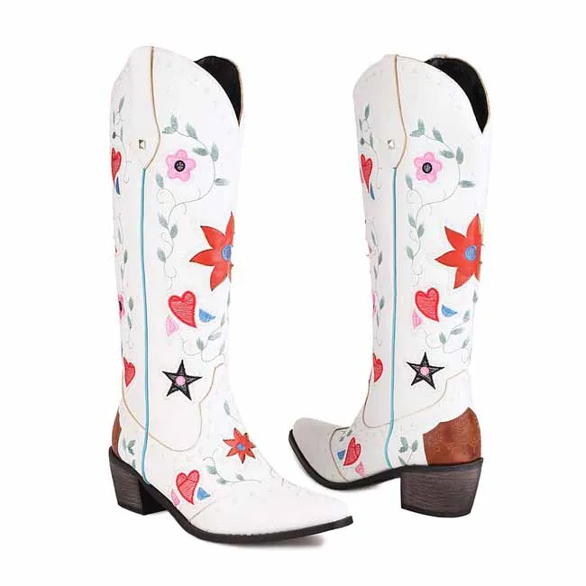 Womens Poppy Floral Snip Toe Boots Knee High Low Heel