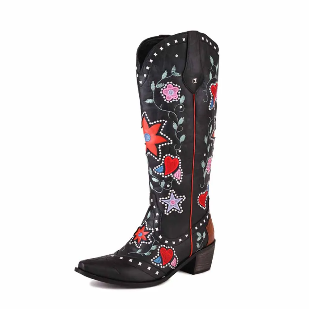 Womens Poppy Floral Snip Toe Boots Knee High Low Heel
