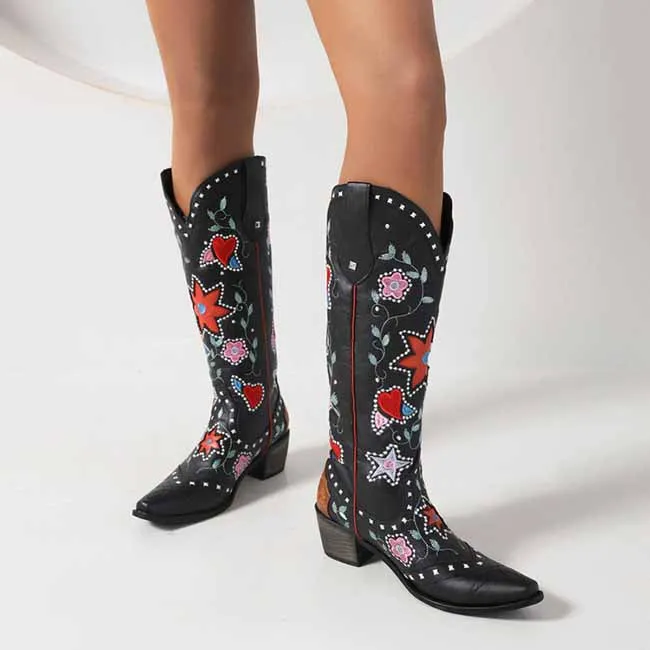 Womens Poppy Floral Snip Toe Boots Knee High Low Heel