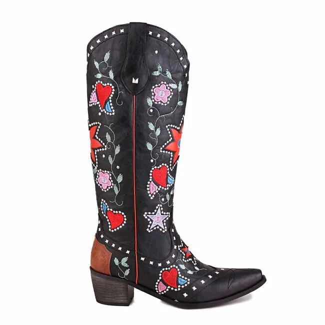 Womens Poppy Floral Snip Toe Boots Knee High Low Heel