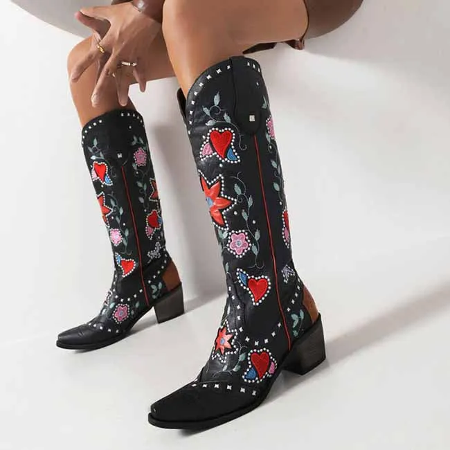 Womens Poppy Floral Snip Toe Boots Knee High Low Heel
