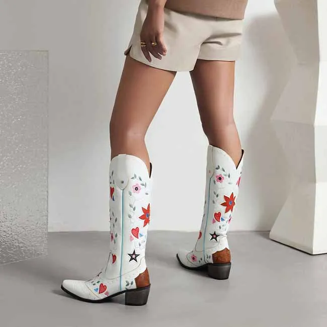 Womens Poppy Floral Snip Toe Boots Knee High Low Heel