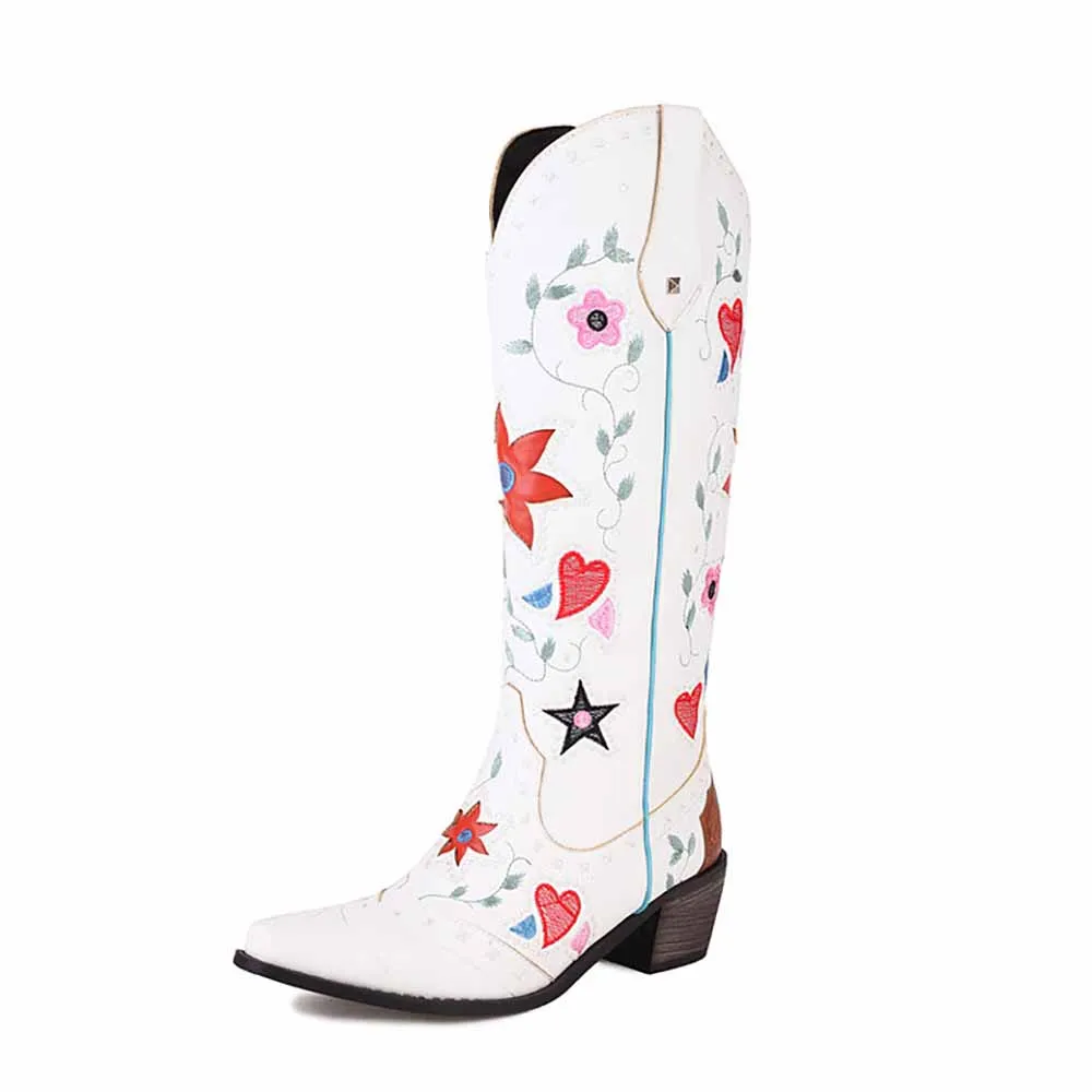 Womens Poppy Floral Snip Toe Boots Knee High Low Heel