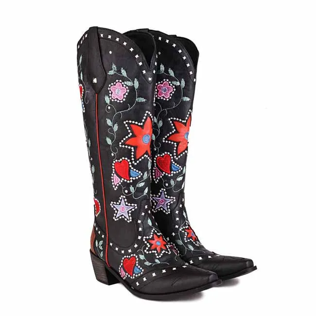 Womens Poppy Floral Snip Toe Boots Knee High Low Heel