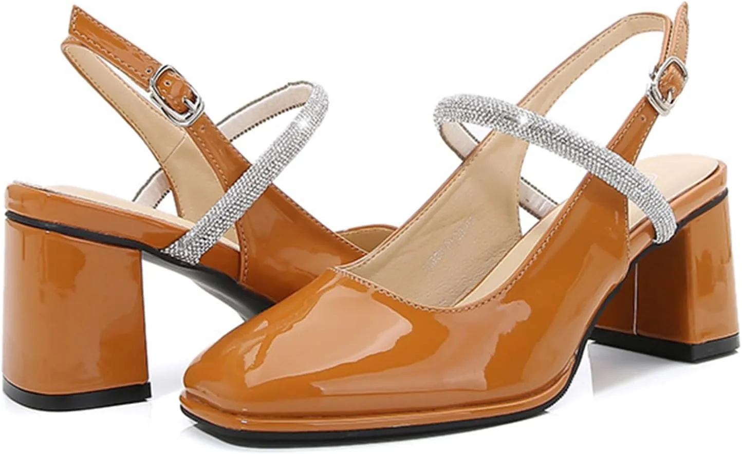 Womens Slingback Mary Jane Block Chunky Heel Pumps Square Toe with Rhinestones Ankle Strap French Vintage Shoes