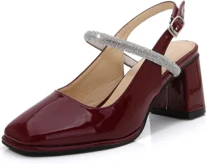 Womens Slingback Mary Jane Block Chunky Heel Pumps Square Toe with Rhinestones Ankle Strap French Vintage Shoes