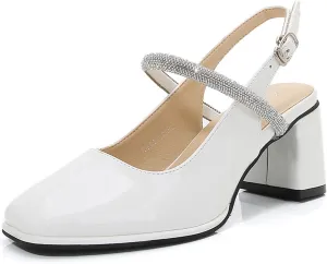Womens Slingback Mary Jane Block Chunky Heel Pumps Square Toe with Rhinestones Ankle Strap French Vintage Shoes