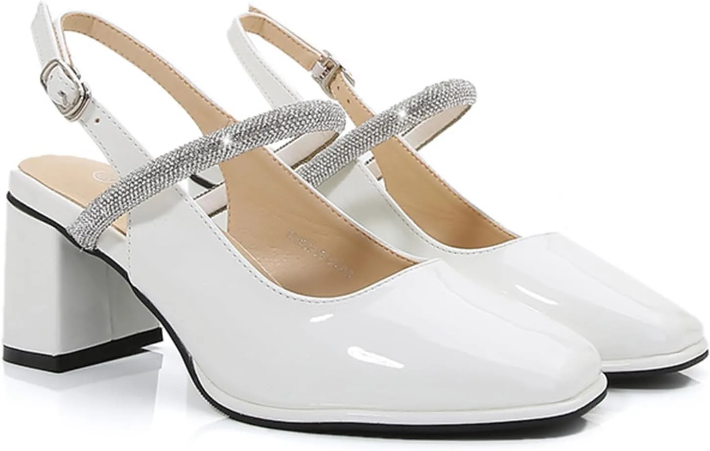 Womens Slingback Mary Jane Block Chunky Heel Pumps Square Toe with Rhinestones Ankle Strap French Vintage Shoes