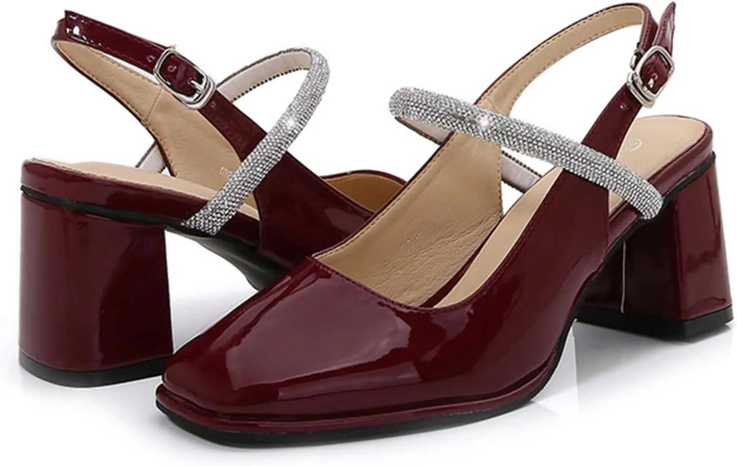 Womens Slingback Mary Jane Block Chunky Heel Pumps Square Toe with Rhinestones Ankle Strap French Vintage Shoes