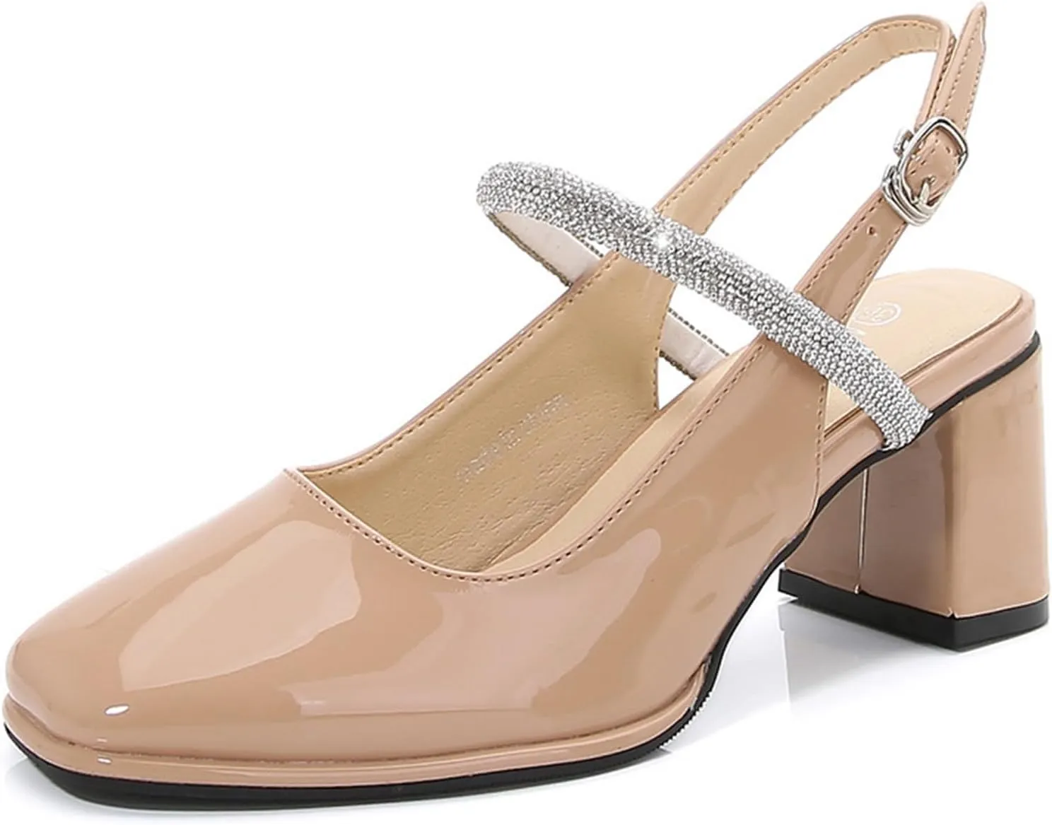 Womens Slingback Mary Jane Block Chunky Heel Pumps Square Toe with Rhinestones Ankle Strap French Vintage Shoes