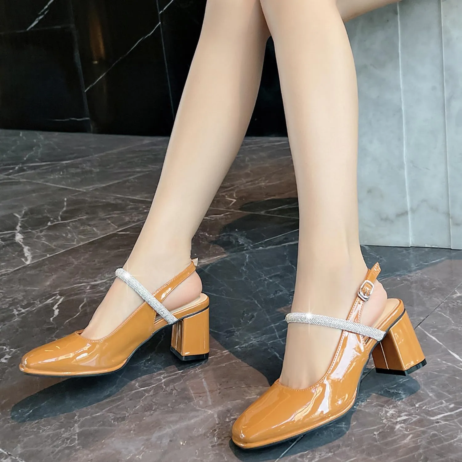 Womens Slingback Mary Jane Block Chunky Heel Pumps Square Toe with Rhinestones Ankle Strap French Vintage Shoes