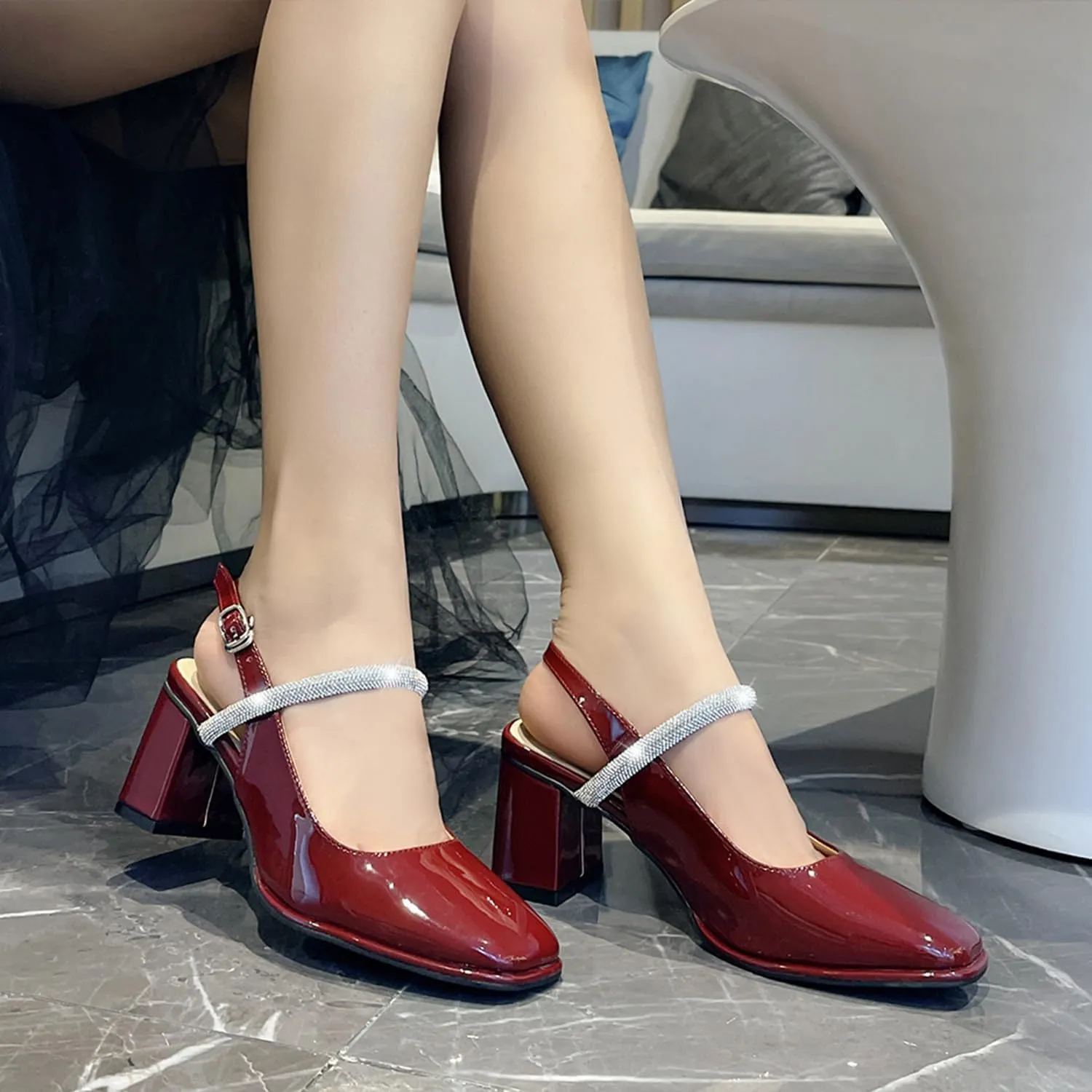 Womens Slingback Mary Jane Block Chunky Heel Pumps Square Toe with Rhinestones Ankle Strap French Vintage Shoes