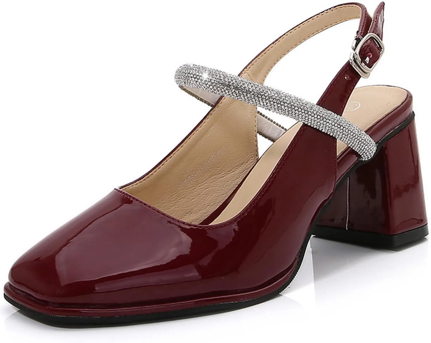 Womens Slingback Mary Jane Block Chunky Heel Pumps Square Toe with Rhinestones Ankle Strap French Vintage Shoes