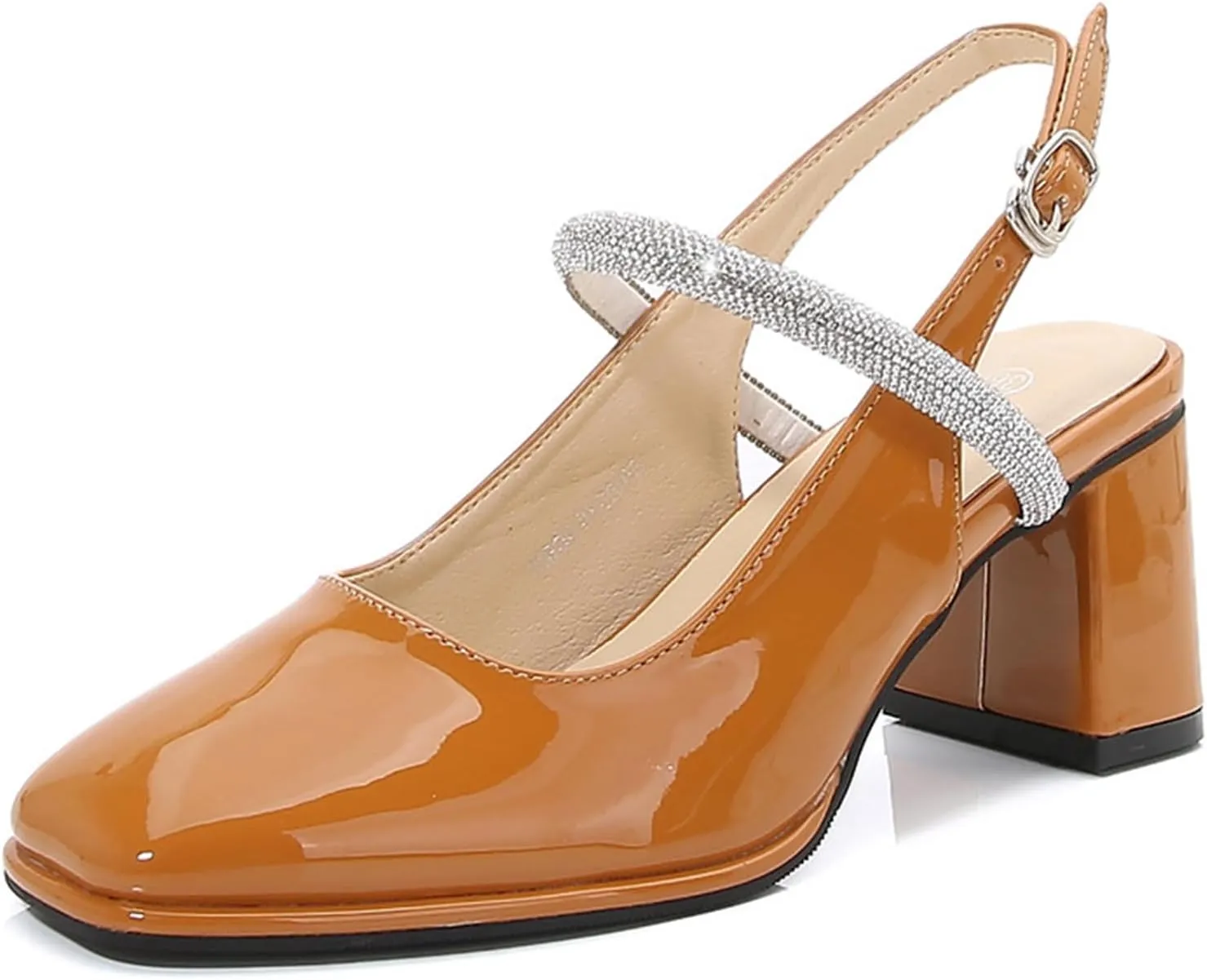 Womens Slingback Mary Jane Block Chunky Heel Pumps Square Toe with Rhinestones Ankle Strap French Vintage Shoes