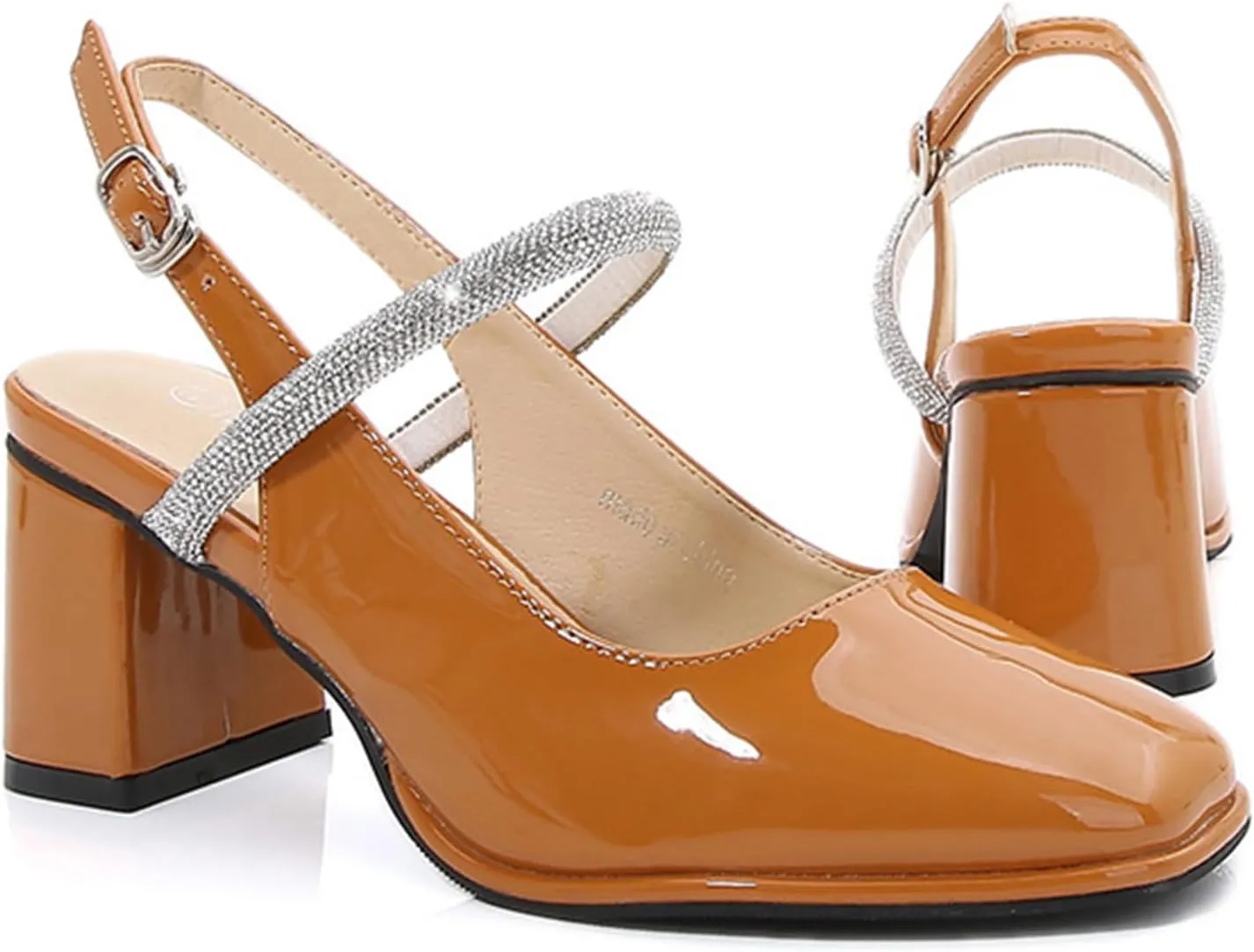 Womens Slingback Mary Jane Block Chunky Heel Pumps Square Toe with Rhinestones Ankle Strap French Vintage Shoes