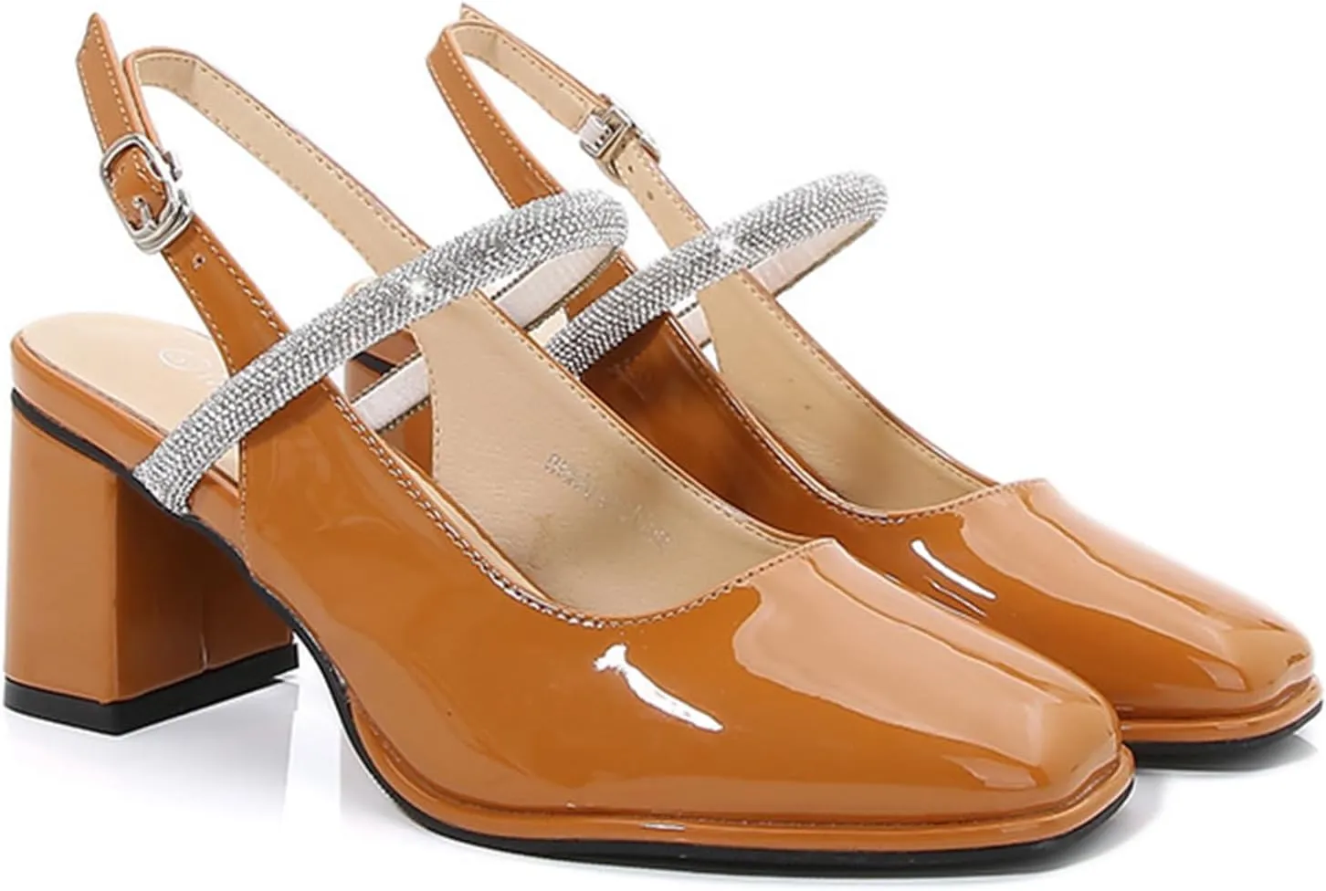 Womens Slingback Mary Jane Block Chunky Heel Pumps Square Toe with Rhinestones Ankle Strap French Vintage Shoes