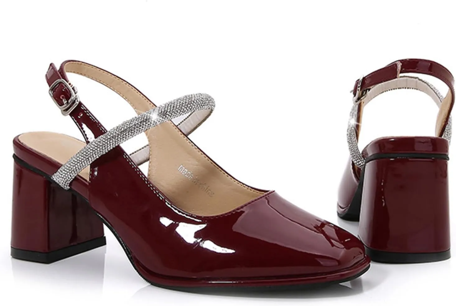 Womens Slingback Mary Jane Block Chunky Heel Pumps Square Toe with Rhinestones Ankle Strap French Vintage Shoes