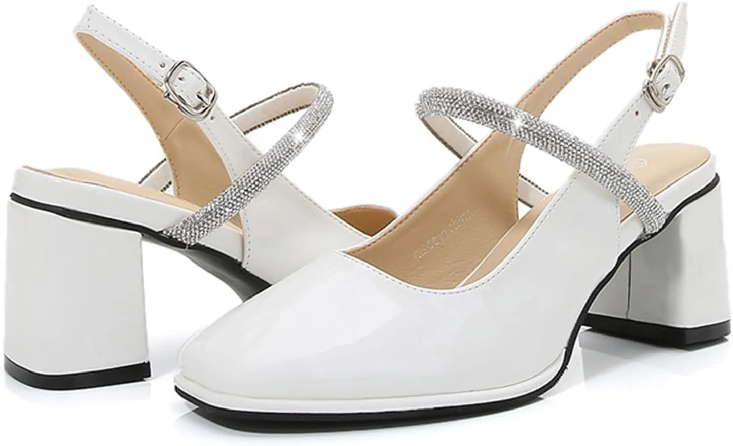 Womens Slingback Mary Jane Block Chunky Heel Pumps Square Toe with Rhinestones Ankle Strap French Vintage Shoes
