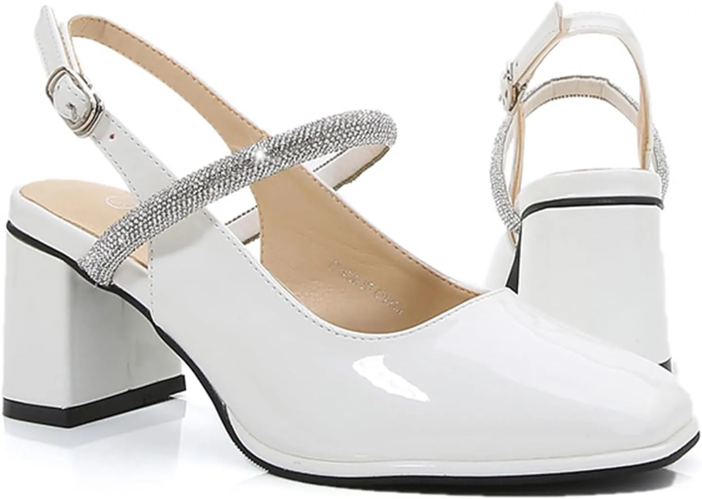 Womens Slingback Mary Jane Block Chunky Heel Pumps Square Toe with Rhinestones Ankle Strap French Vintage Shoes