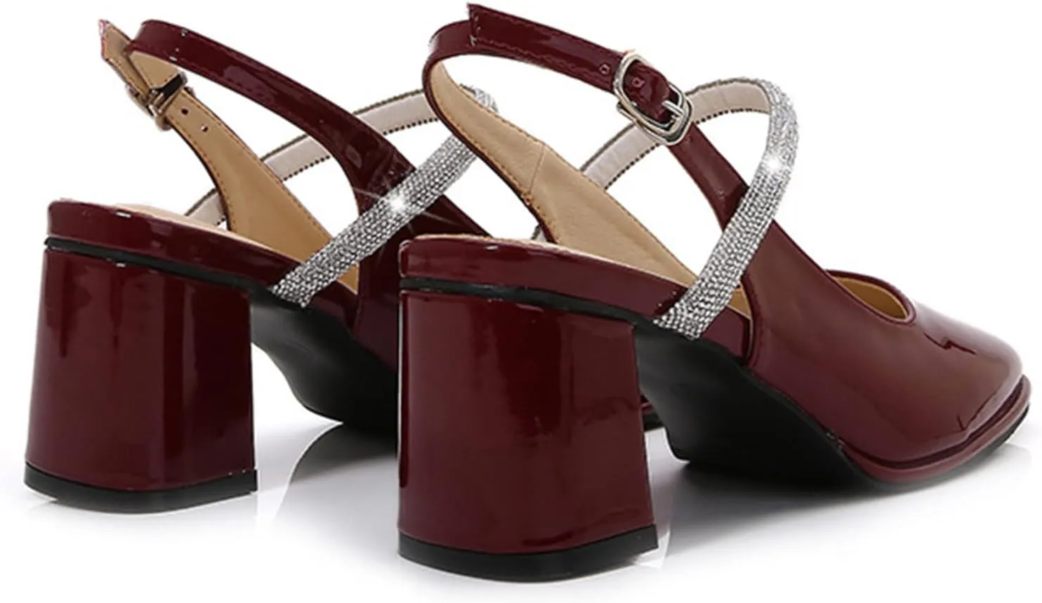 Womens Slingback Mary Jane Block Chunky Heel Pumps Square Toe with Rhinestones Ankle Strap French Vintage Shoes