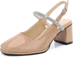Womens Slingback Mary Jane Block Chunky Heel Pumps Square Toe with Rhinestones Ankle Strap French Vintage Shoes