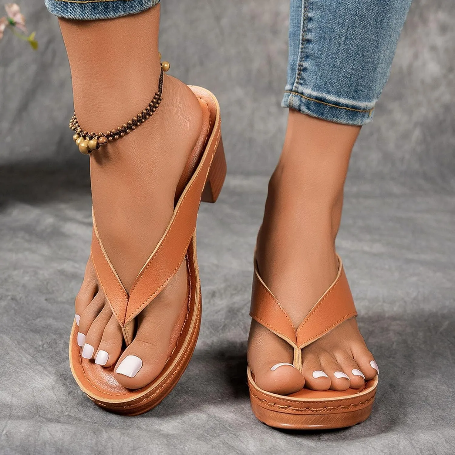 Women's Solid Color Summer Chunky Heel Sandals Slip on Open Toe Square Toe Comfortable Heeled Sandals Mules for Women Long Walk Casual Shoes Dressy Low Heels Chunky Block Flip Flops