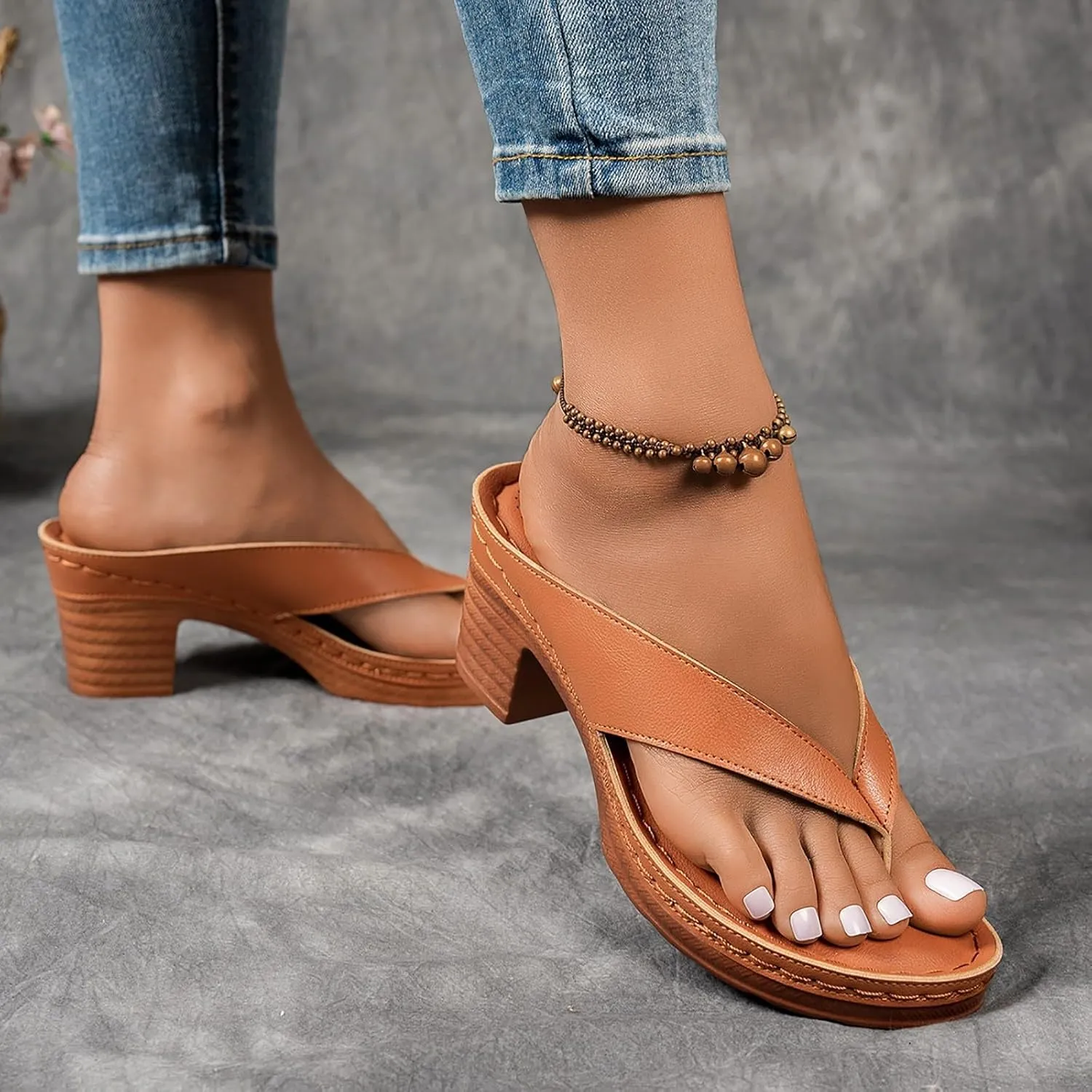 Women's Solid Color Summer Chunky Heel Sandals Slip on Open Toe Square Toe Comfortable Heeled Sandals Mules for Women Long Walk Casual Shoes Dressy Low Heels Chunky Block Flip Flops