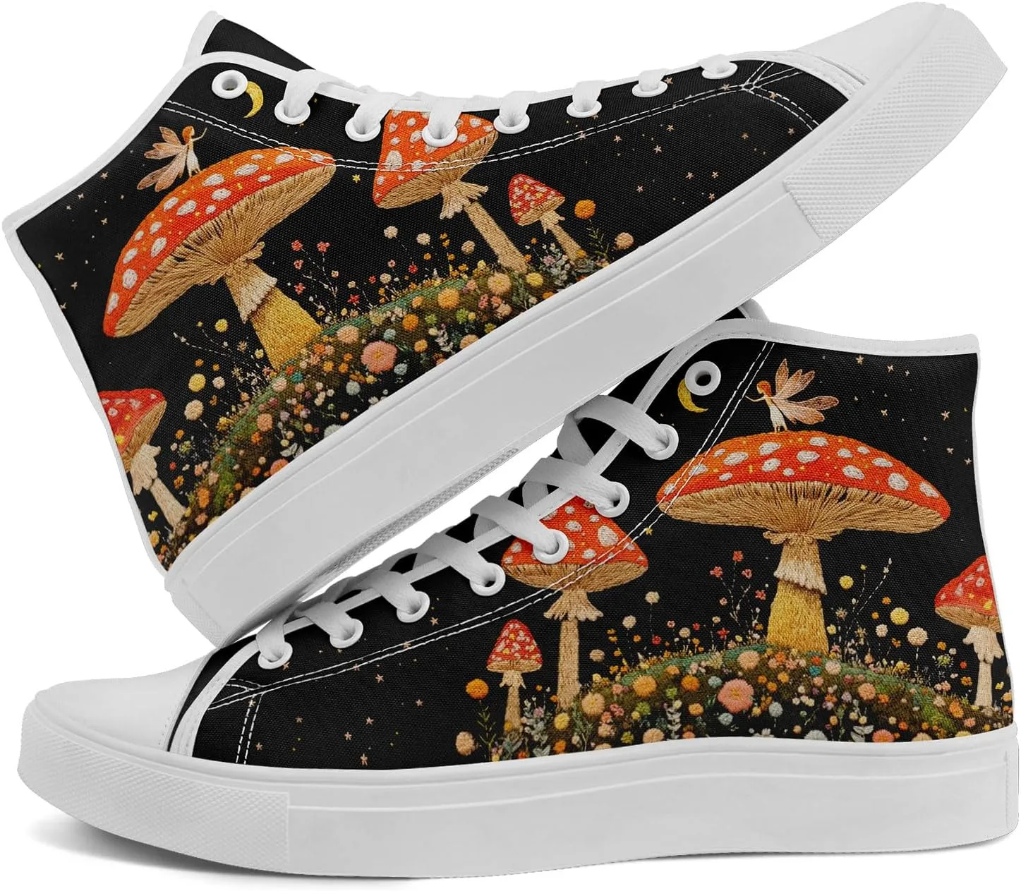 Women's Stylish High-Top Canvas Sneaker Print Floral Mushroom Shoes Gift for her Lightweight Fashion Flat Casual Shoes