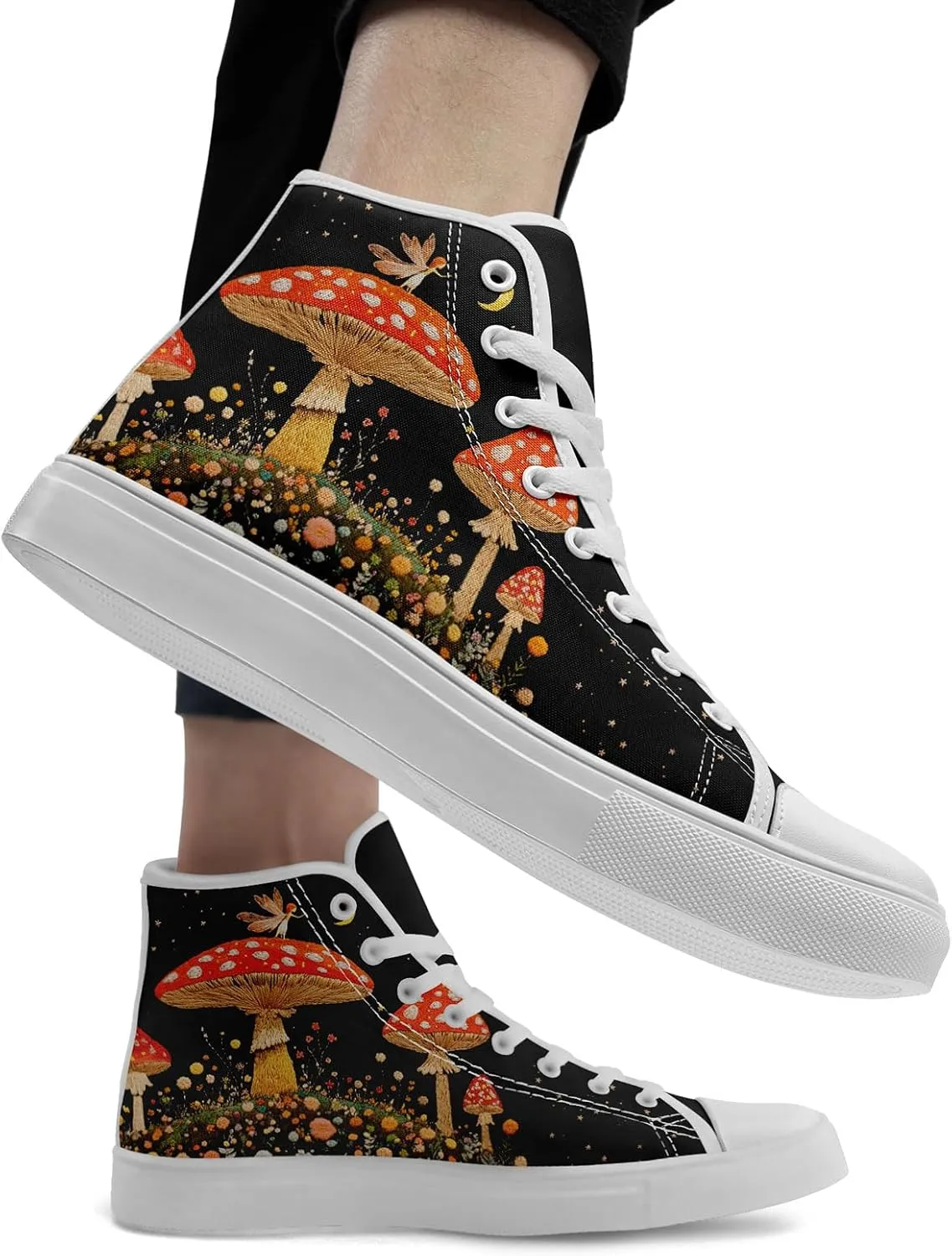 Women's Stylish High-Top Canvas Sneaker Print Floral Mushroom Shoes Gift for her Lightweight Fashion Flat Casual Shoes