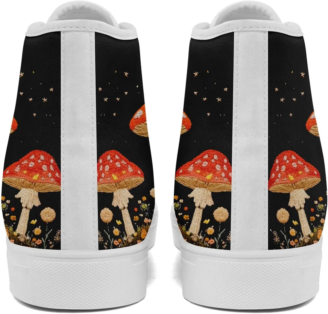 Women's Stylish High-Top Canvas Sneaker Print Floral Mushroom Shoes Gift for her Lightweight Fashion Flat Casual Shoes