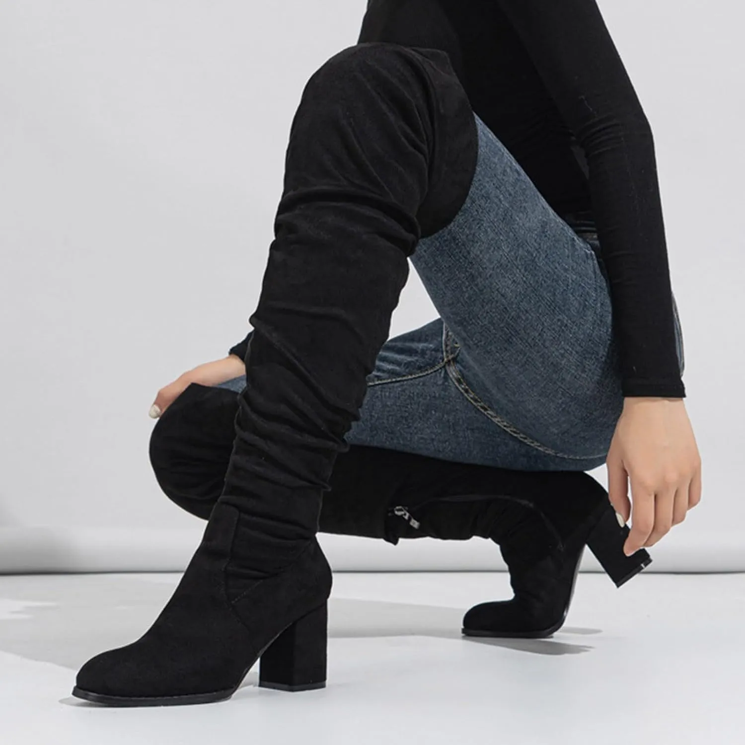 Womens Suede Thigh High Chunky Heel Boots Fashion Over The Knee High Heel Slouch Sexy Fall Long Boots