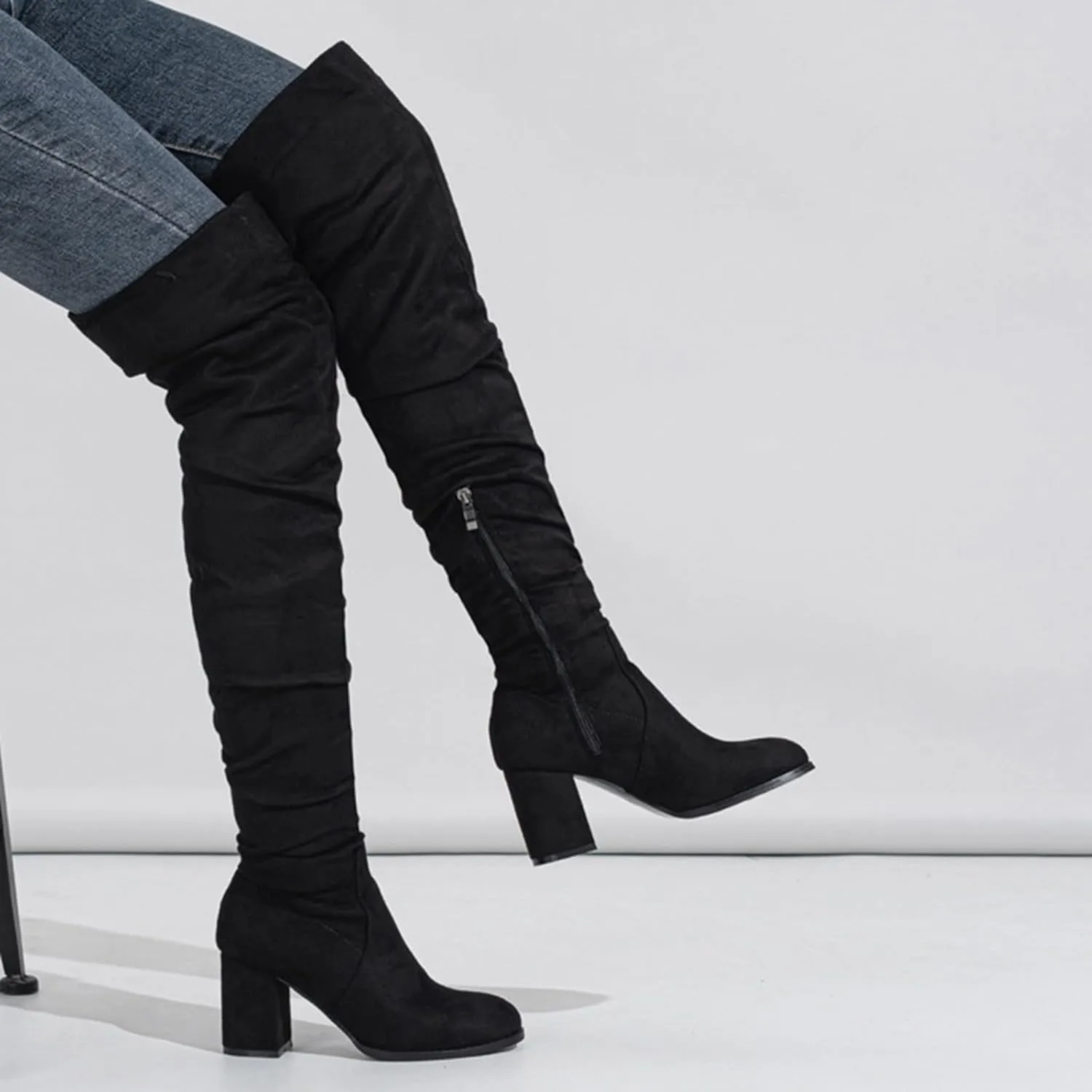 Womens Suede Thigh High Chunky Heel Boots Fashion Over The Knee High Heel Slouch Sexy Fall Long Boots