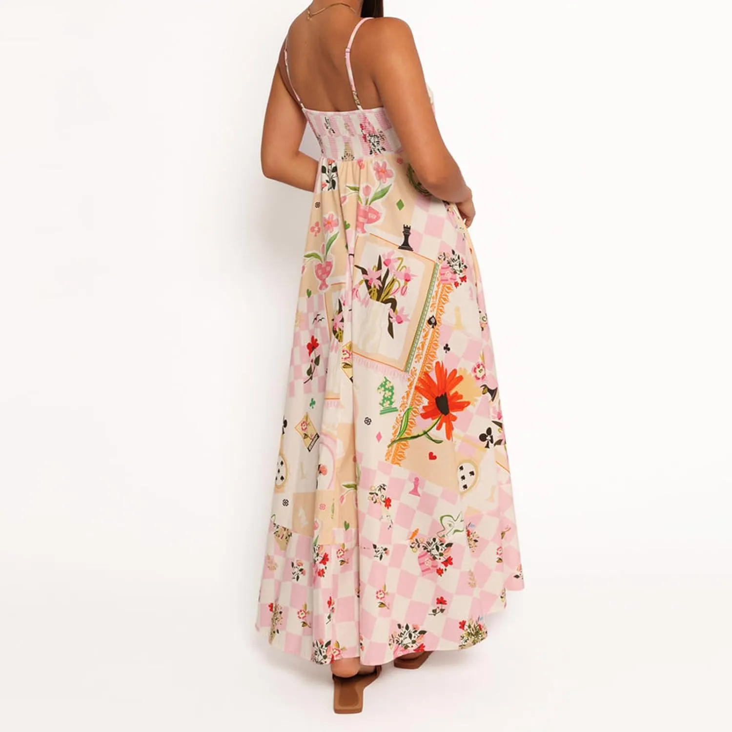 Women's Summer Boho Graffiti Long Dress Y2k Graphic Print Sleeveless Spaghetti Strap Flowy Cami Dress Beach Sundress