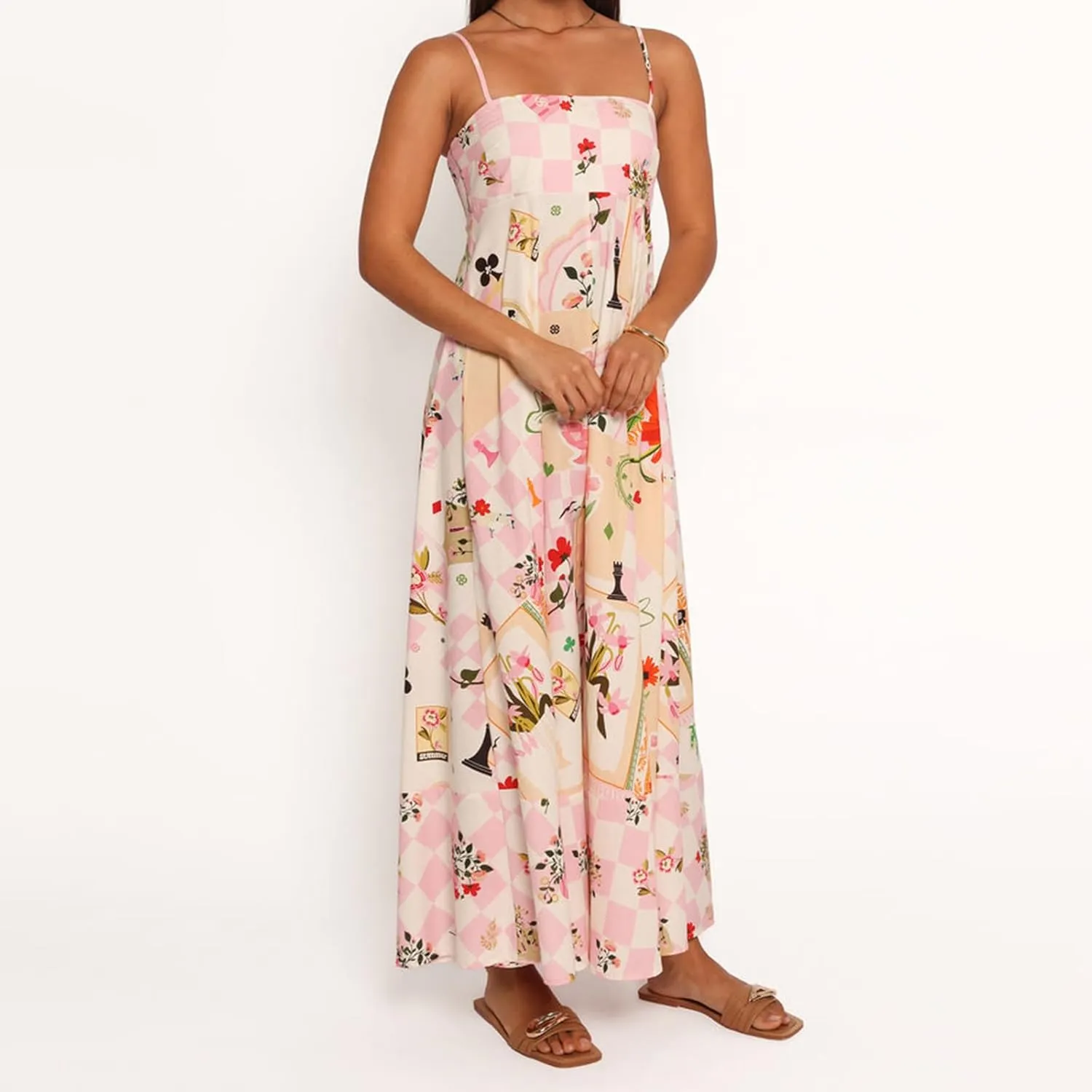 Women's Summer Boho Graffiti Long Dress Y2k Graphic Print Sleeveless Spaghetti Strap Flowy Cami Dress Beach Sundress
