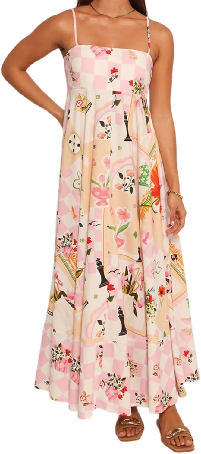 Women's Summer Boho Graffiti Long Dress Y2k Graphic Print Sleeveless Spaghetti Strap Flowy Cami Dress Beach Sundress