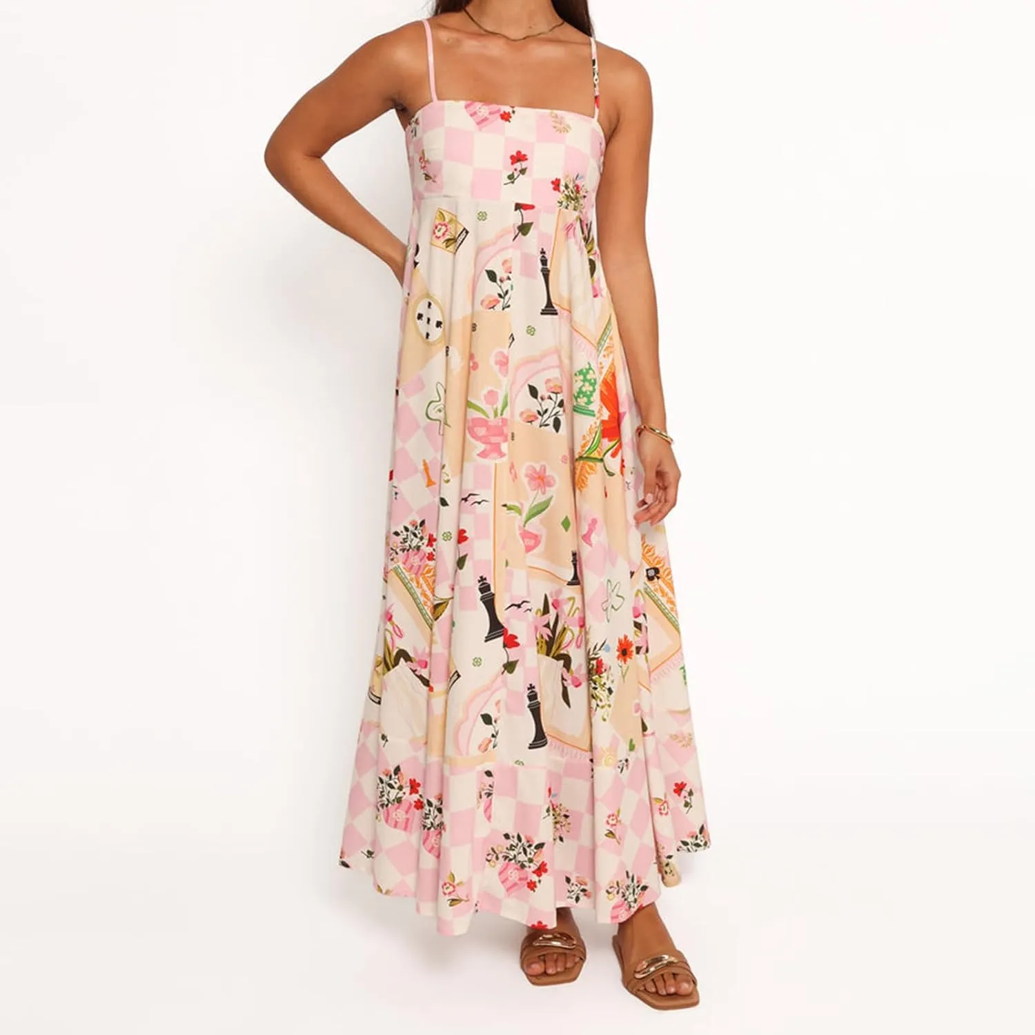 Women's Summer Boho Graffiti Long Dress Y2k Graphic Print Sleeveless Spaghetti Strap Flowy Cami Dress Beach Sundress