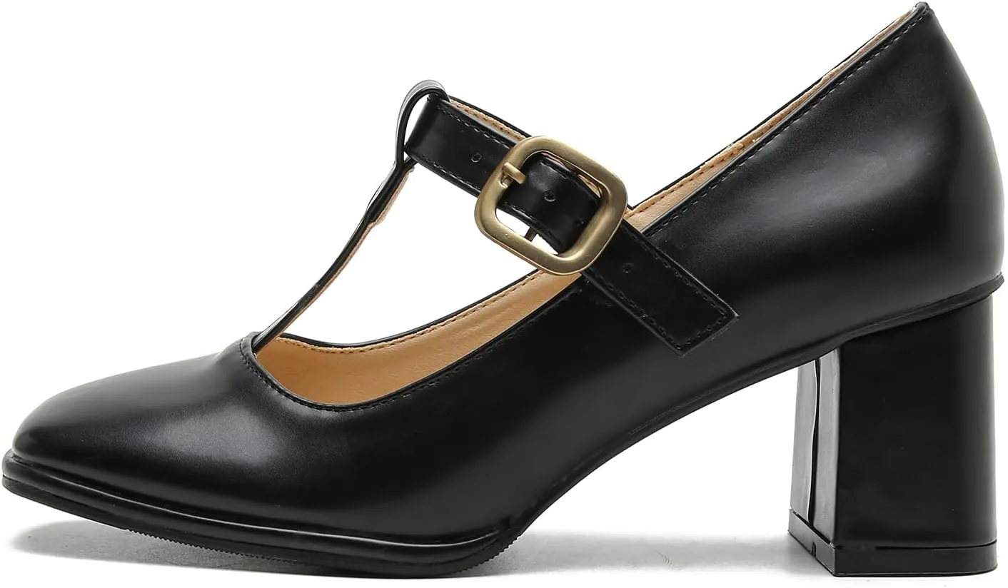 Womens T-Strap Vintage Heels Mary Jane Dress Shoes Block Chunky Heels Office Work Pumps