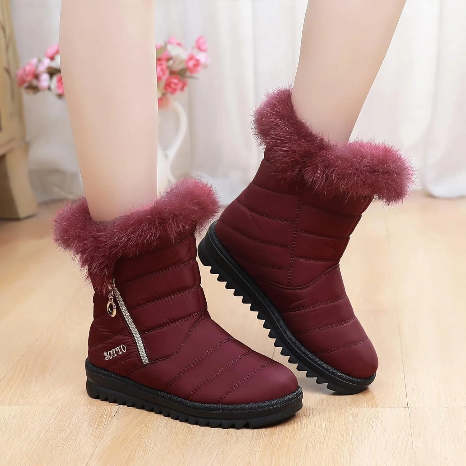 Women's Winter Snow Boots Mid-Calf Lace up Outdoor Winter Shoes Warm Fuzzy Indoor Outdoor Womens Winter Barefoot Shoes