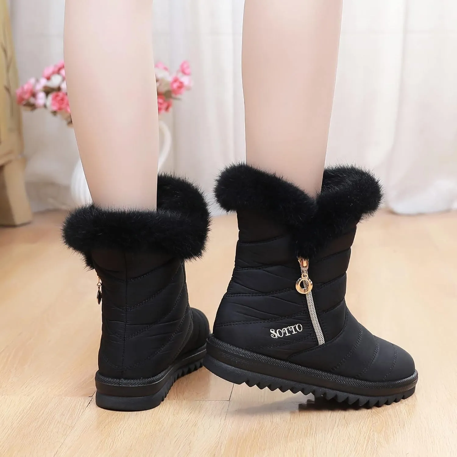 Women's Winter Snow Boots Mid-Calf Lace up Outdoor Winter Shoes Warm Fuzzy Indoor Outdoor Womens Winter Barefoot Shoes