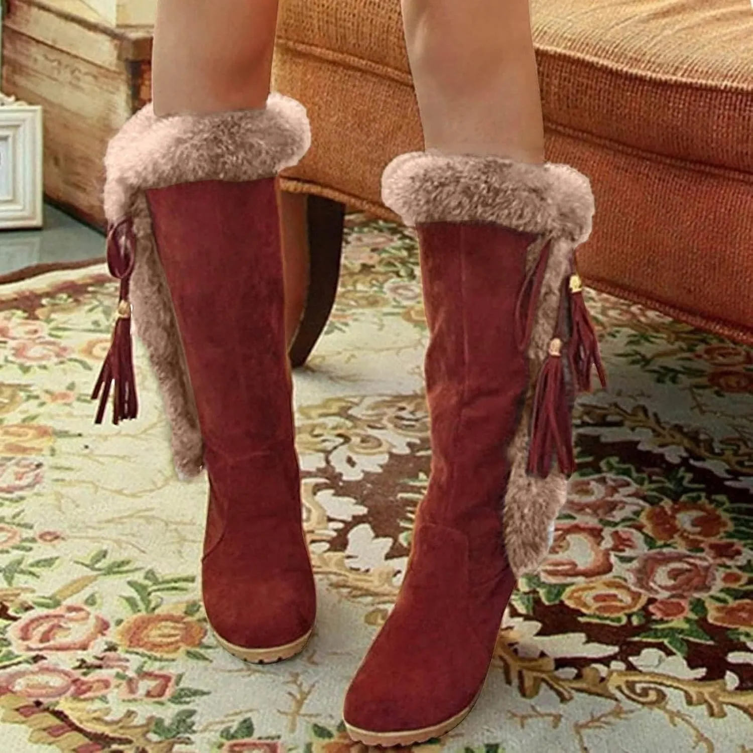 Women's Winter Warm Outdoor Mid Calf Boots High Heels Wedge Snow Bootie Faux Fur Comfortable Knee High Fuzzy Boots