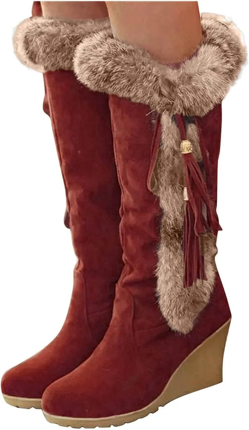 Women's Winter Warm Outdoor Mid Calf Boots High Heels Wedge Snow Bootie Faux Fur Comfortable Knee High Fuzzy Boots