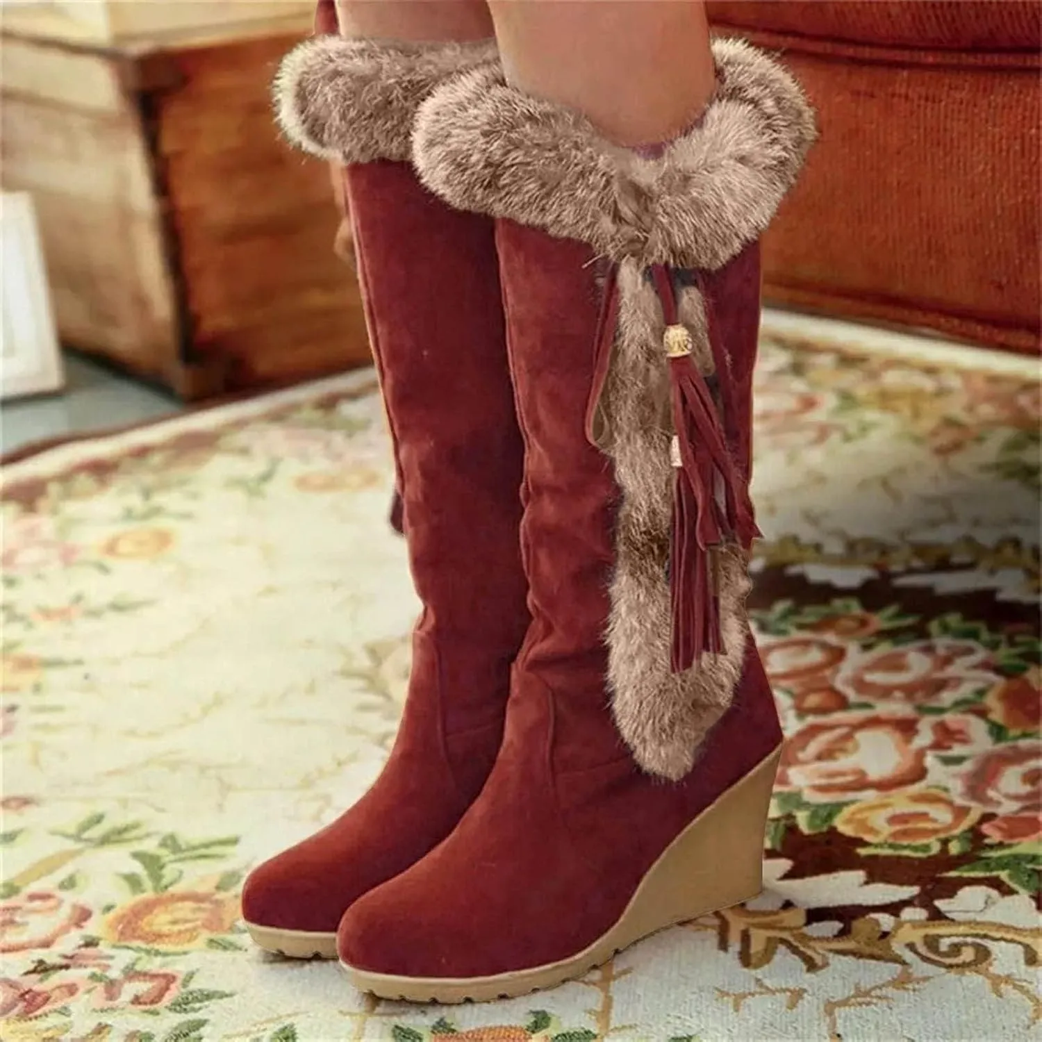 Women's Winter Warm Outdoor Mid Calf Boots High Heels Wedge Snow Bootie Faux Fur Comfortable Knee High Fuzzy Boots