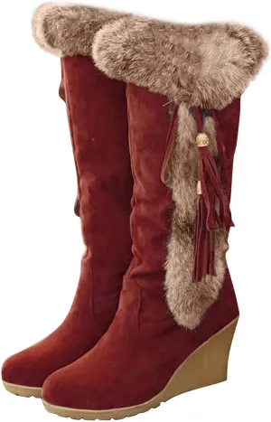 Women's Winter Warm Outdoor Mid Calf Boots High Heels Wedge Snow Bootie Faux Fur Comfortable Knee High Fuzzy Boots